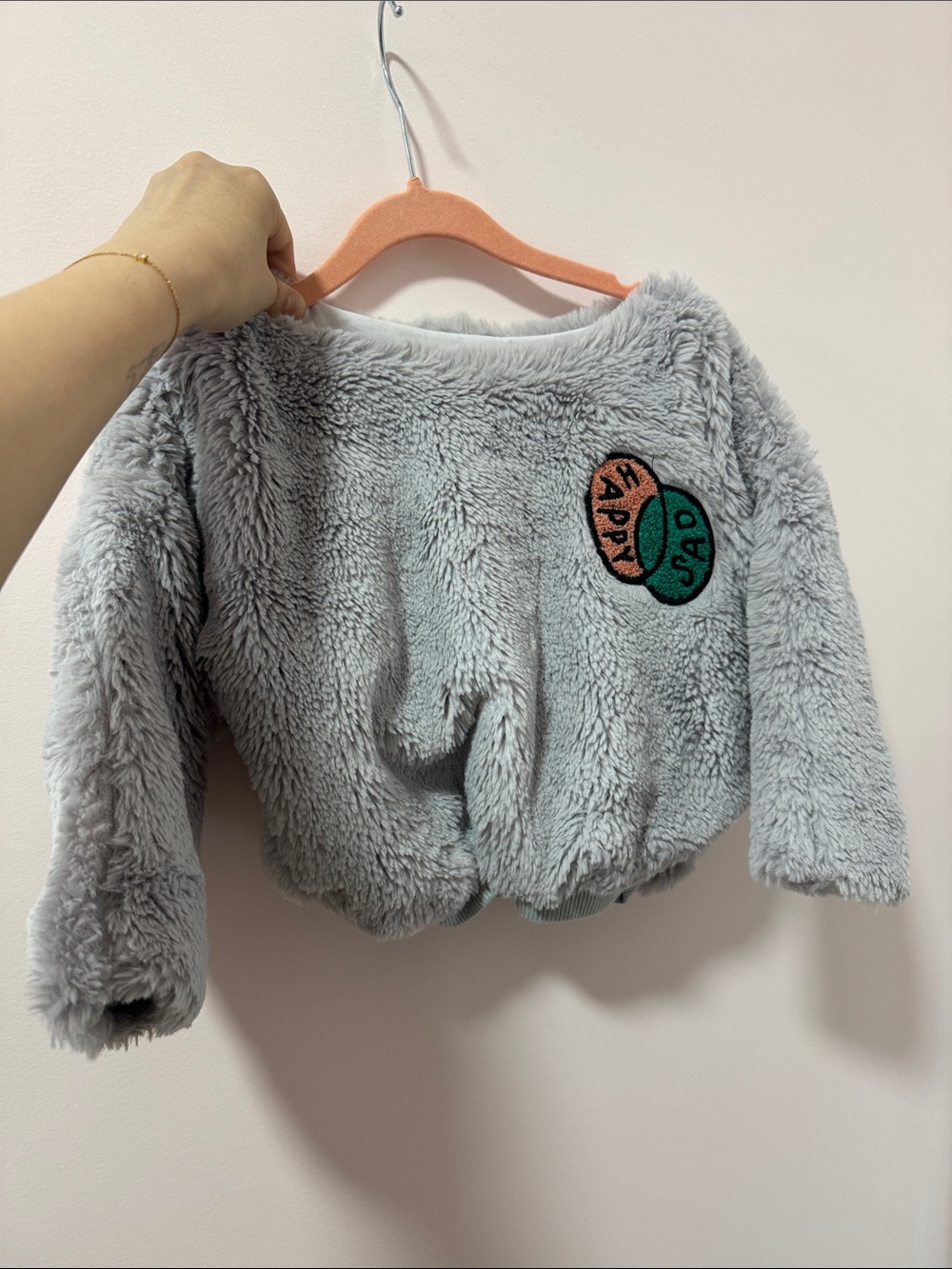 Grey Plush Cropped Jacket with 'Happy/Sad' Patch